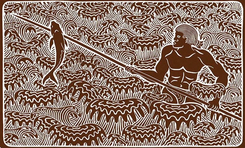 Artwork of a Hawaiian fisherman with a spear among stylized waves and a fish