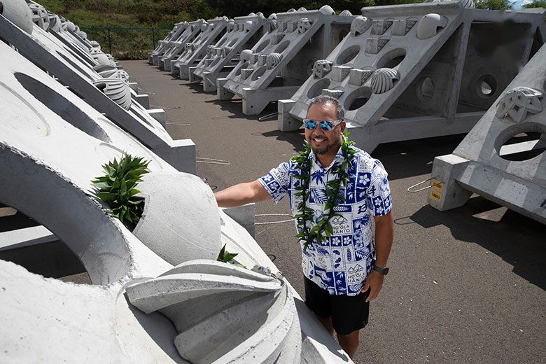 Damon Duhaylonsod with the hybrid reef units before deployment